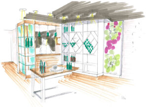 Zeichnung zur Planung des Vino Shops in Willingen