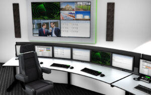 Schaltzentrale, 3D-Planung mit einem großen Monitor an der Wand und vielen kleinen am Schreibtisch