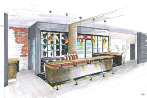 Zeichnung des Restaurant "LE DAYO" in Bocholt zur Planung, Theke, Schrankwand mit Gläsern
