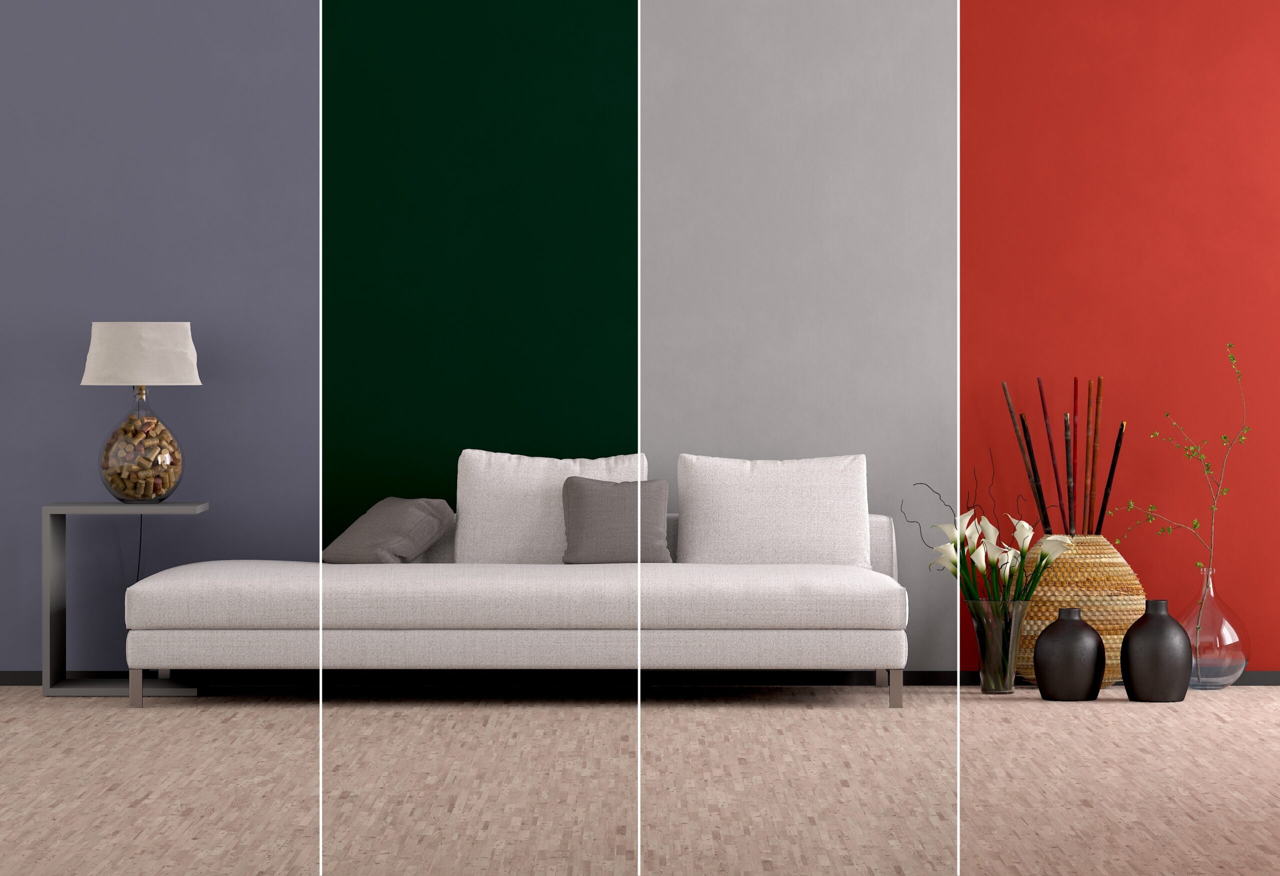 Palette von Wandfarben für Wohnraumgestaltung. Ein Sofa steht im Vordergrund.